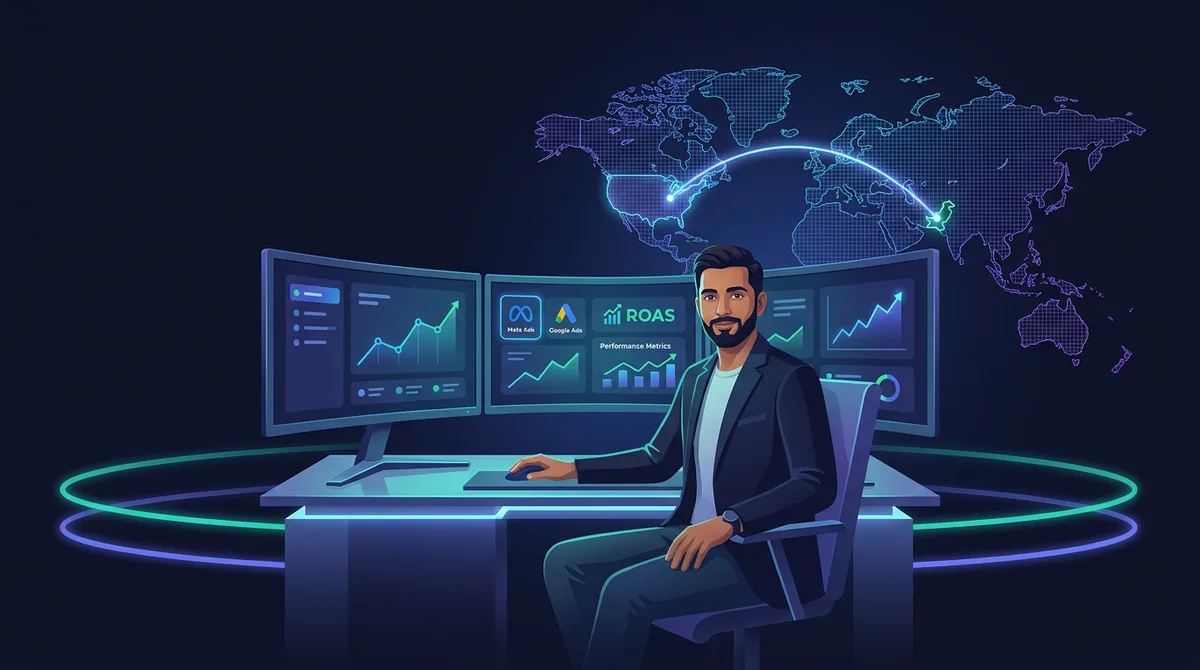 A freelance media buyer from Pakistan managing US brands' Meta and Google ads dashboards with a global connection to the United States