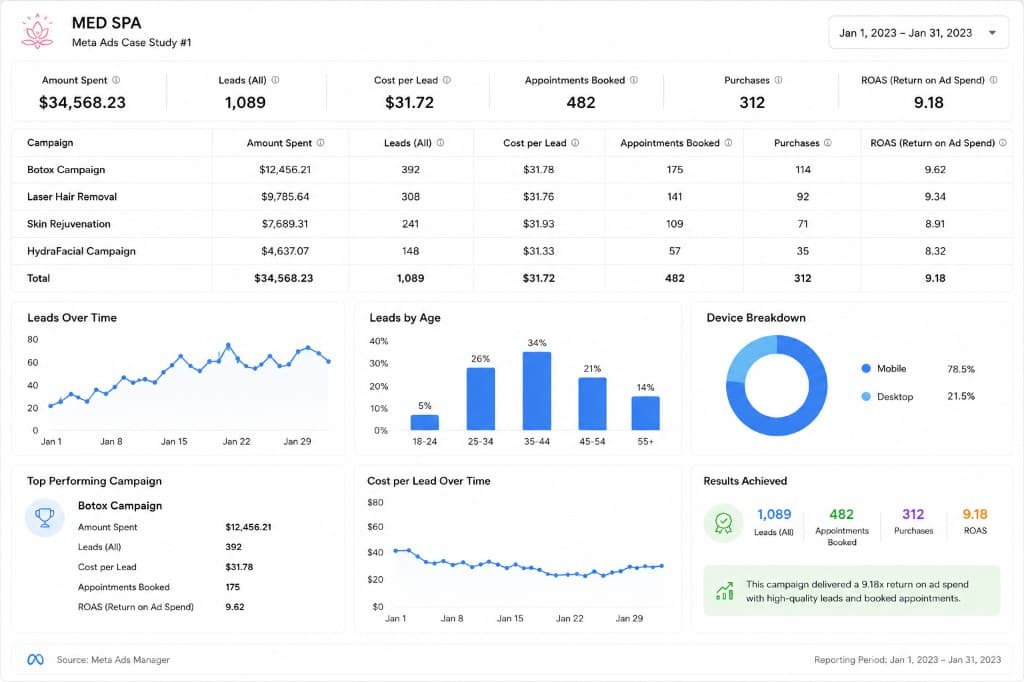 Med spa Meta ads case study dashboard